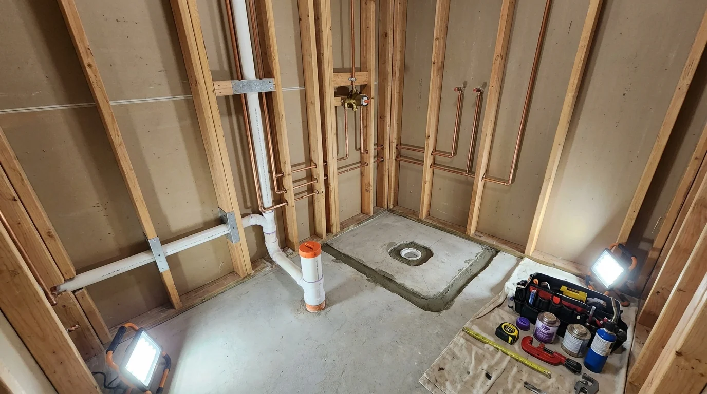 Bathroom rough-in plumbing during remodel by Johns Plumbing LLC in Yountville
