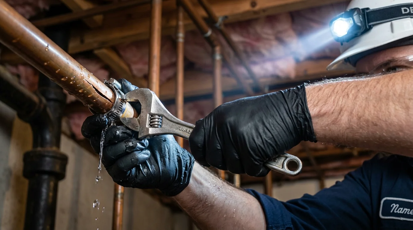 Emergency pipe clamp repair being performed by a Johns Plumbing LLC plumber in Yountville