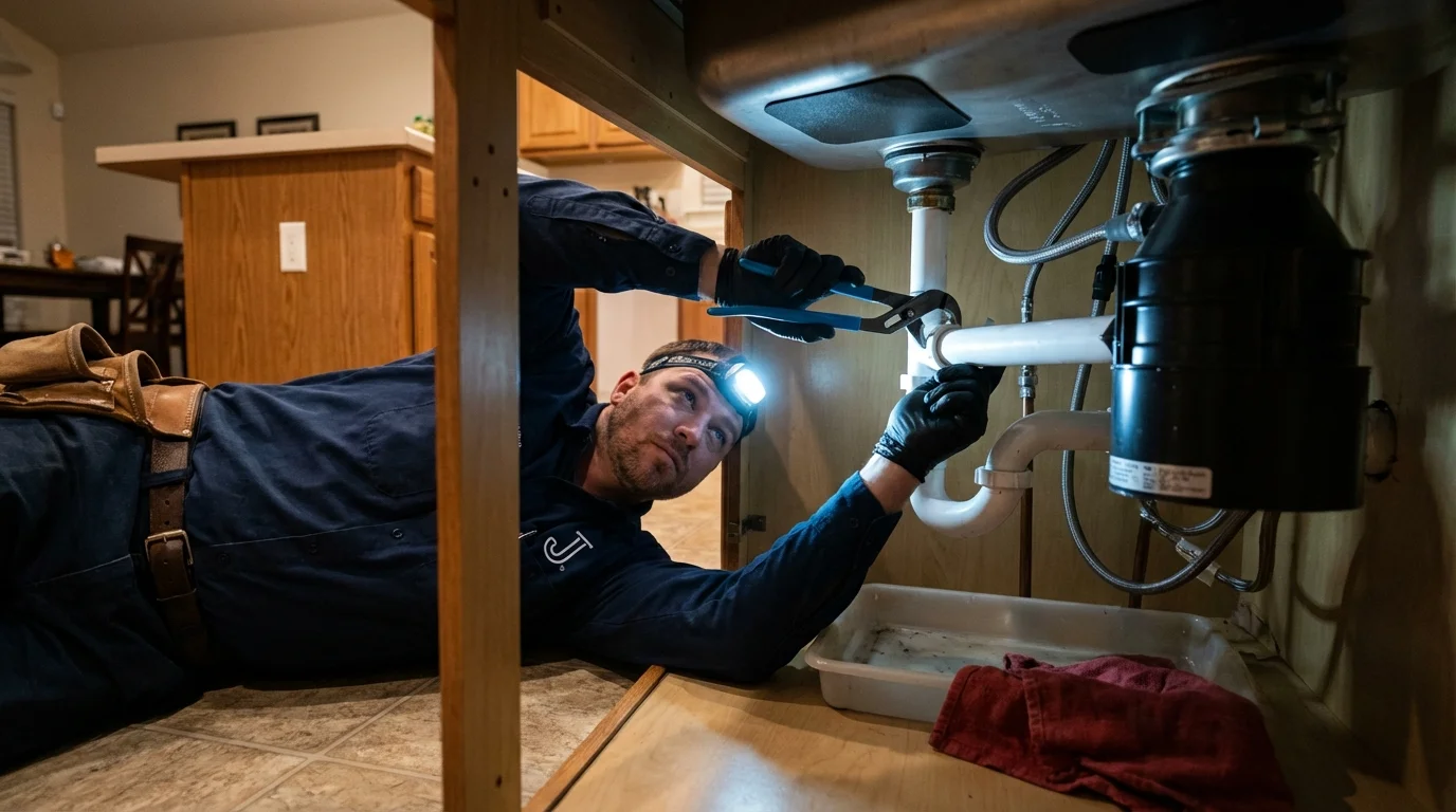 P-trap and supply line connections under a kitchen sink showing a common leak point in Yountville, CA